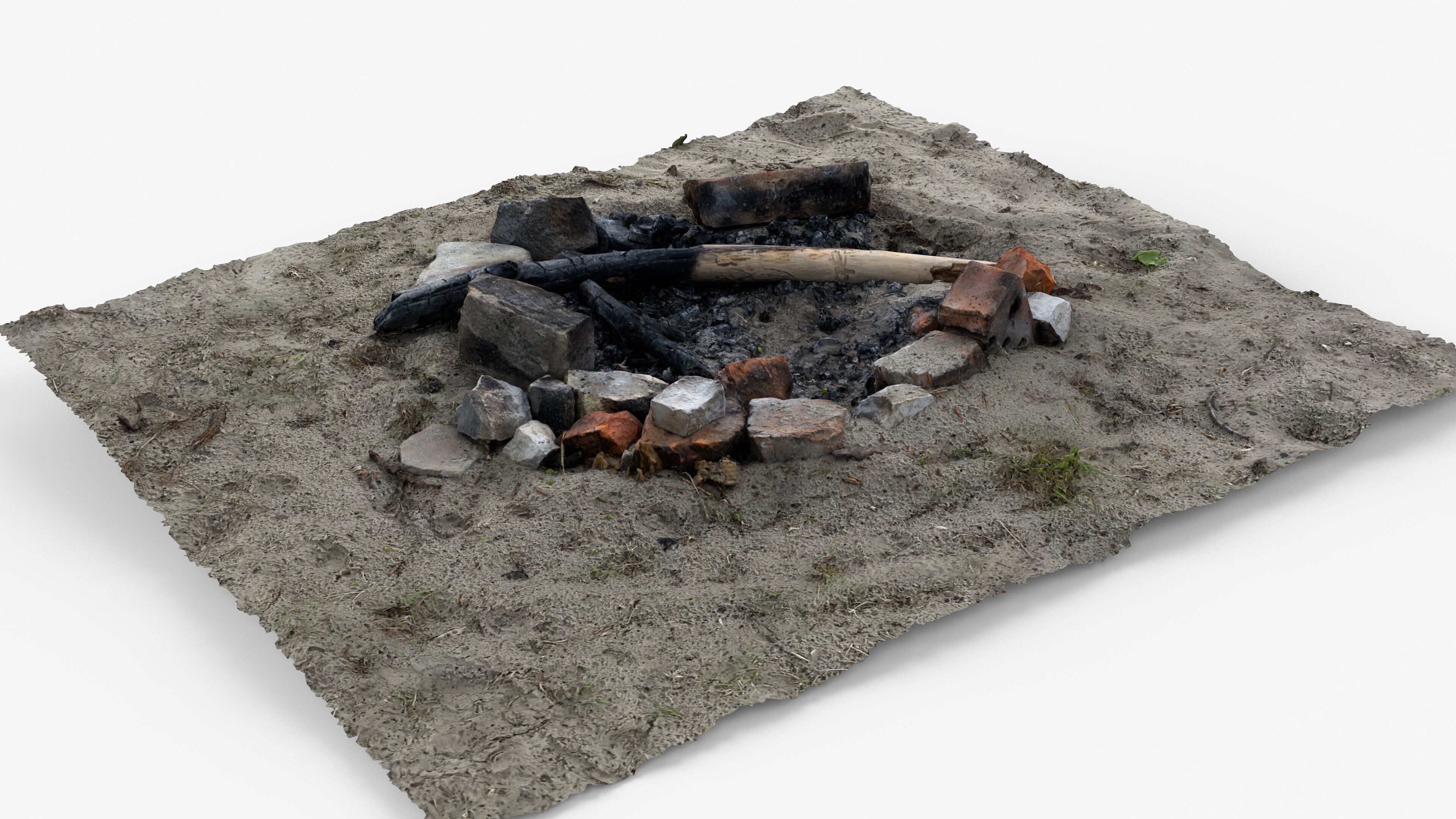 Abandoned Campfire Pit with Burnt Wood and Bricks Scan Low-poly 3D model_3