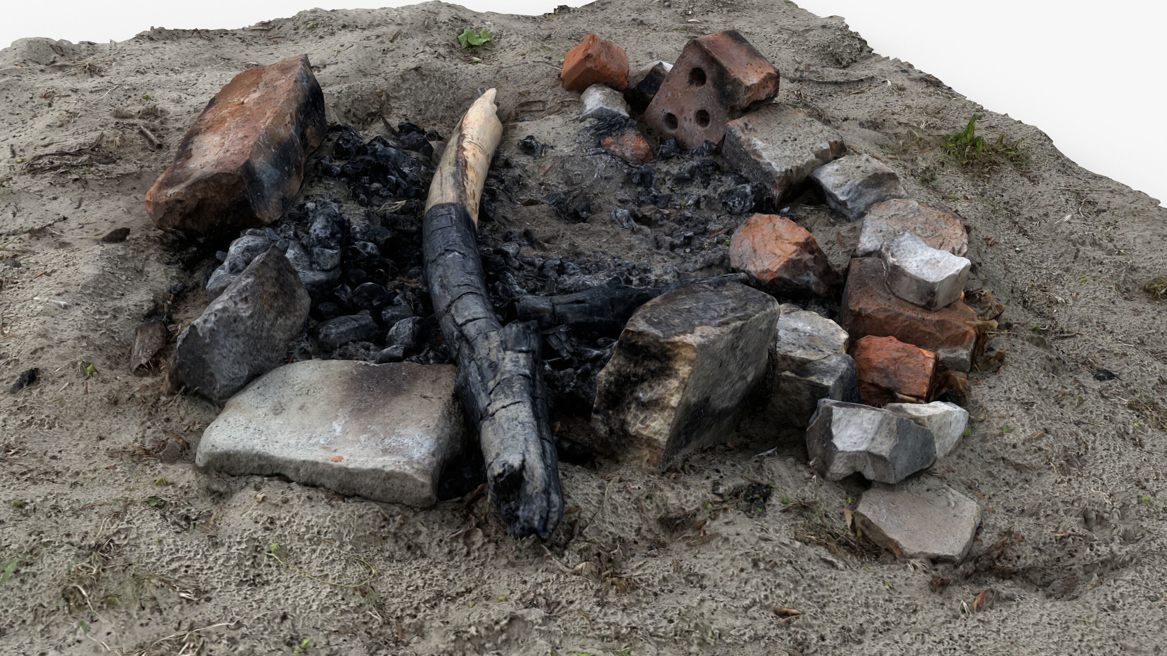 Abandoned Campfire Pit with Burnt Wood and Bricks Scan Low-poly 3D model_15