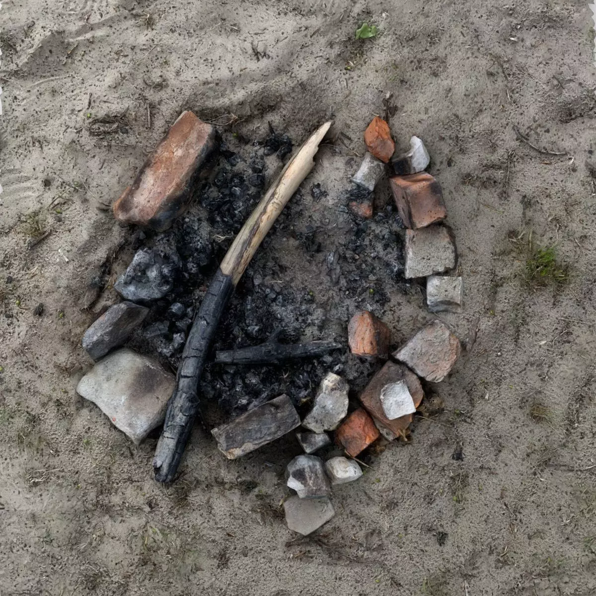 Abandoned Campfire Pit with Burnt Wood and Bricks Scan Low-poly 3D model_0