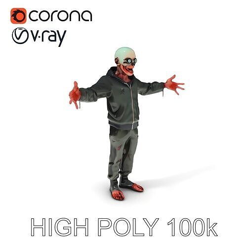 Creepy Zombie Character in Distressed Hoodie and Pants Low-poly 3D model