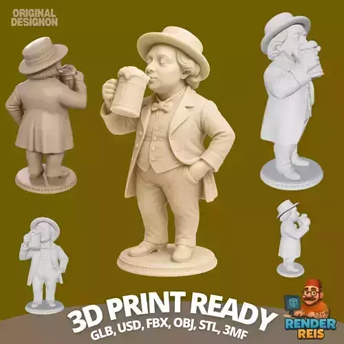 A Joyful Moment in 3D Beer Drinking Happy Figurine Digital Model