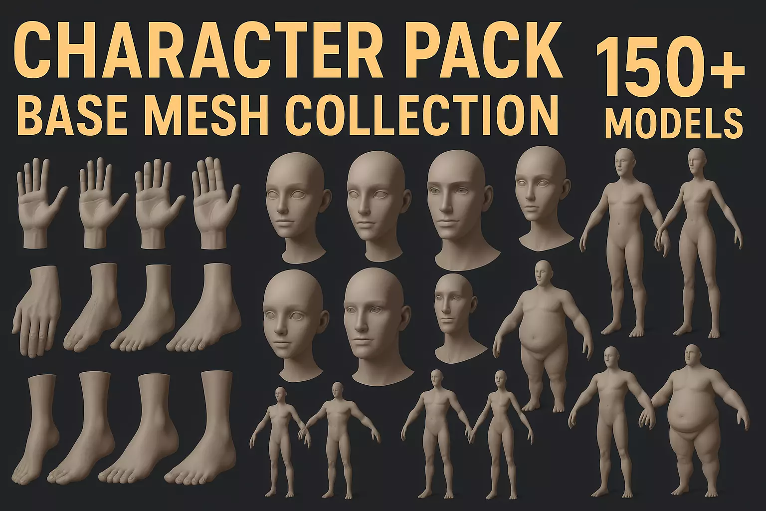 150 Base Mesh Library Hands Feet Faces and Full Body Models Low-poly 3D model
