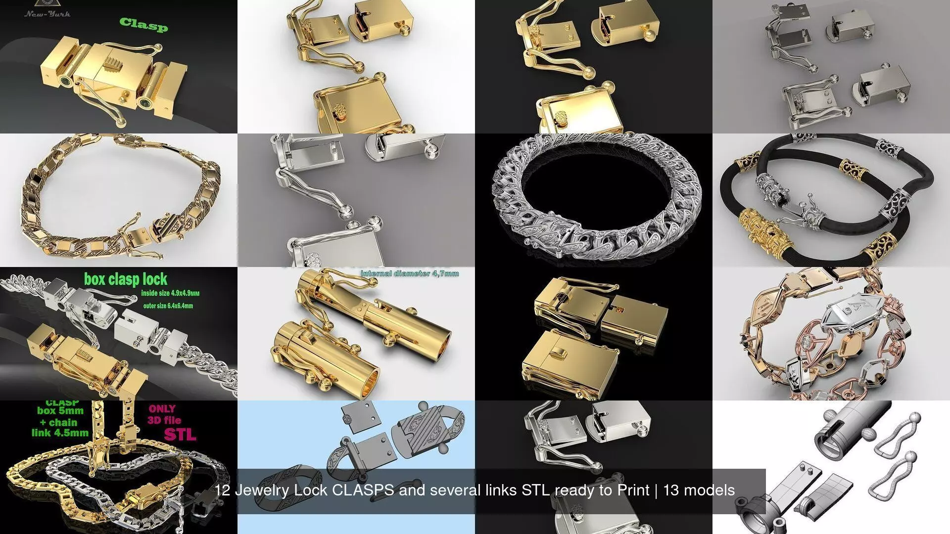 12 Jewelry Lock CLASPS and several links STL ready to Print 3D Model Collection_1