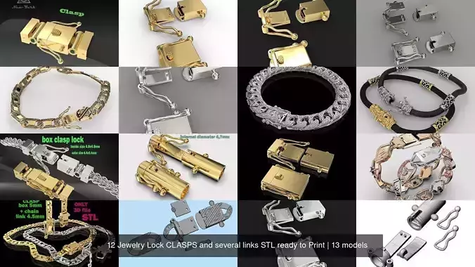 12 Jewelry Lock CLASPS and several links STL ready to Print