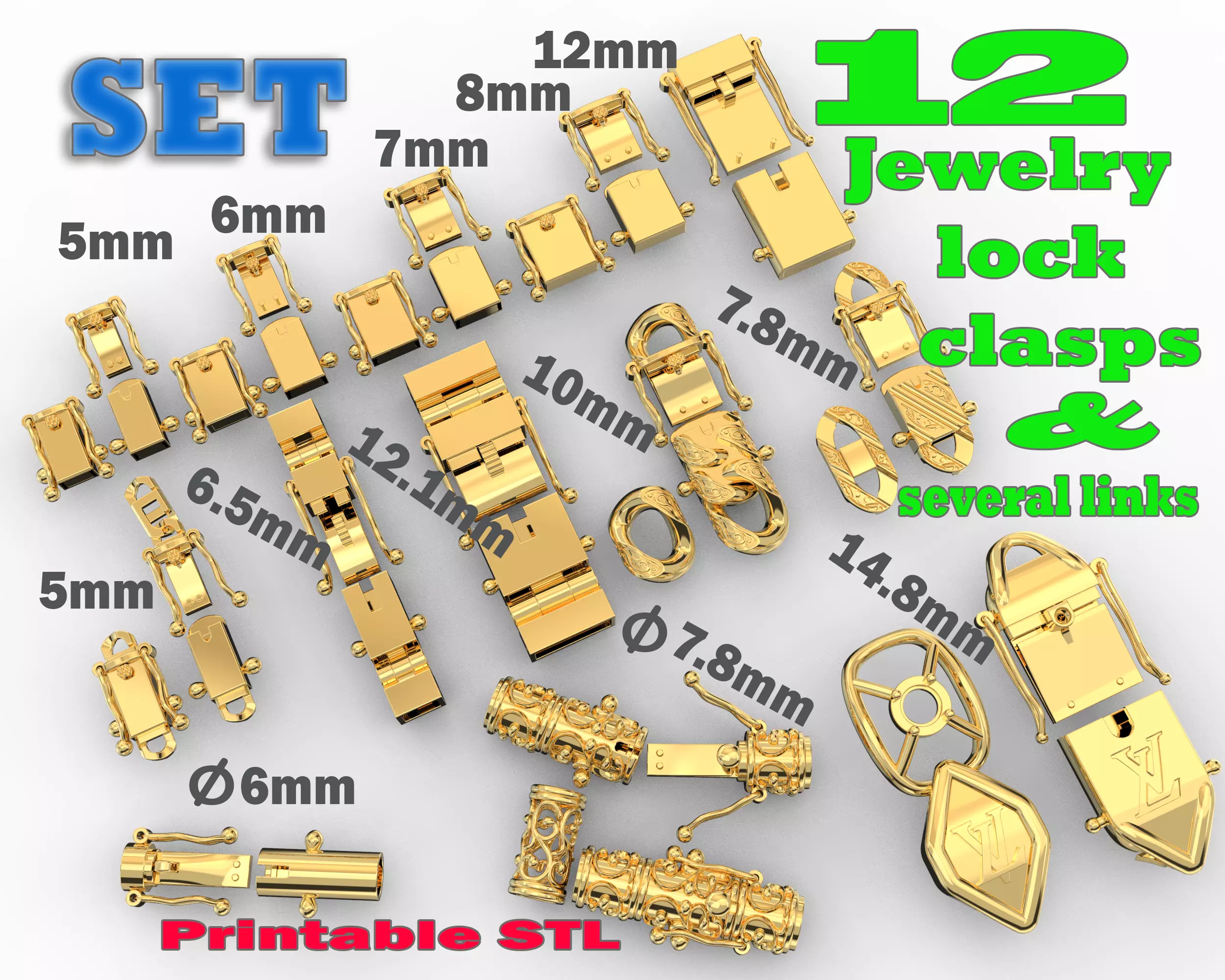 12 Jewelry Lock CLASPS and several links STL ready to Print 3D Model Collection_0