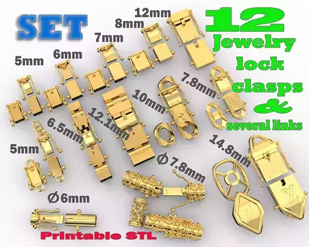 12 Jewelry Lock CLASPS and several links STL ready to Print