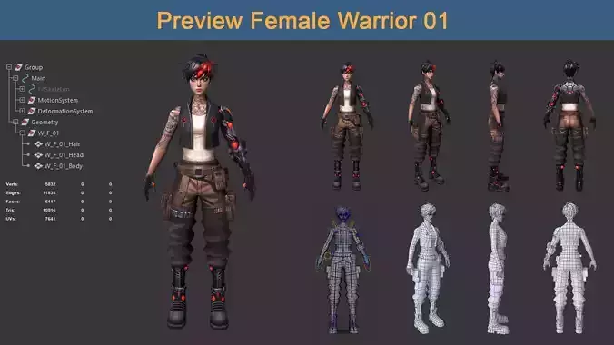 Character Female Warriors 01 - Ready for game Low-poly 3D model