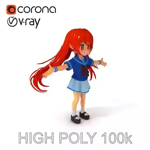 Anime Style Schoolgirl Character Flowing Hair and Bright Eyes Low-poly 3D model