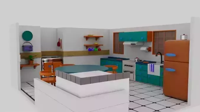 Stylized Isometric Kitchen  Low Poly 3D Scene
