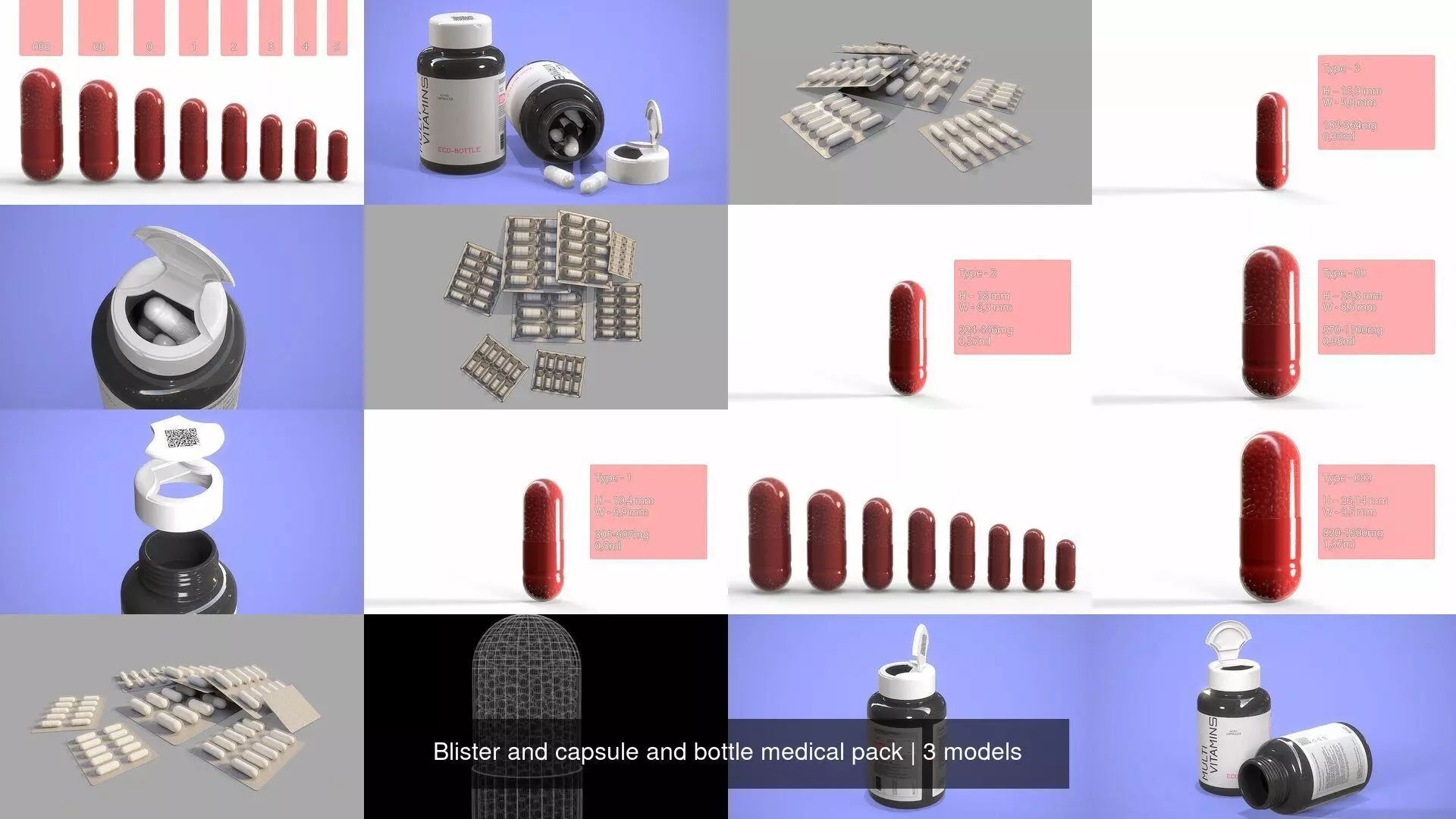 Blister and capsule and bottle medical pack 3D Model Collection_0