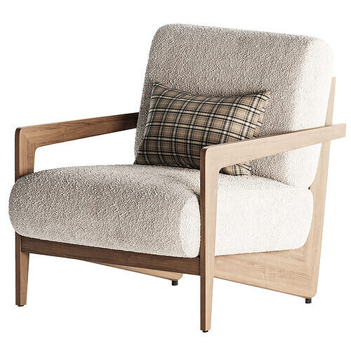 Armchair in solid walnut and beige Izag boucle fabric 3D model