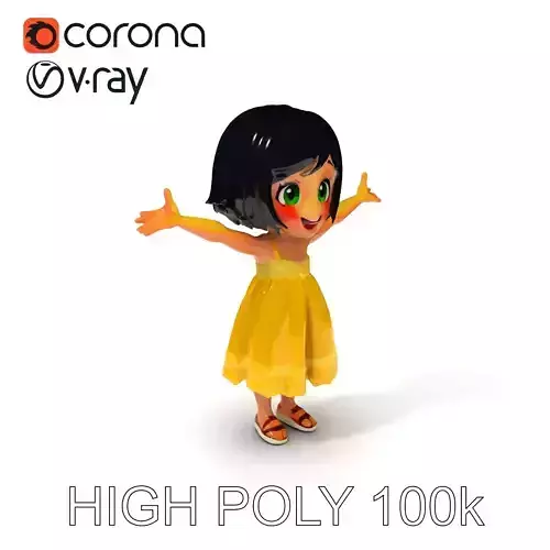 Cute Chibi Girl D Model with Yellow Dress and Green Eyes