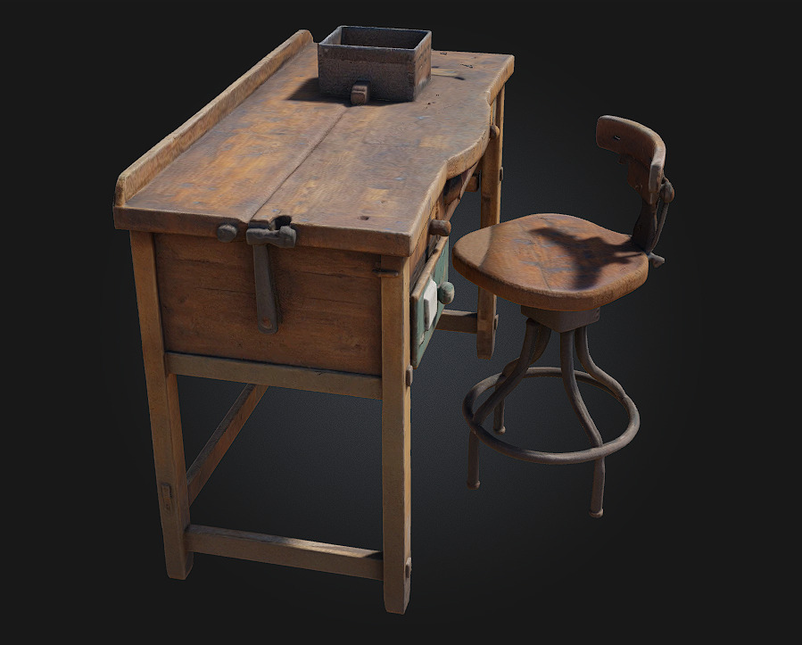 Workbench and Stool  Classic Craftsmanship Corner for Creative 3D model_2