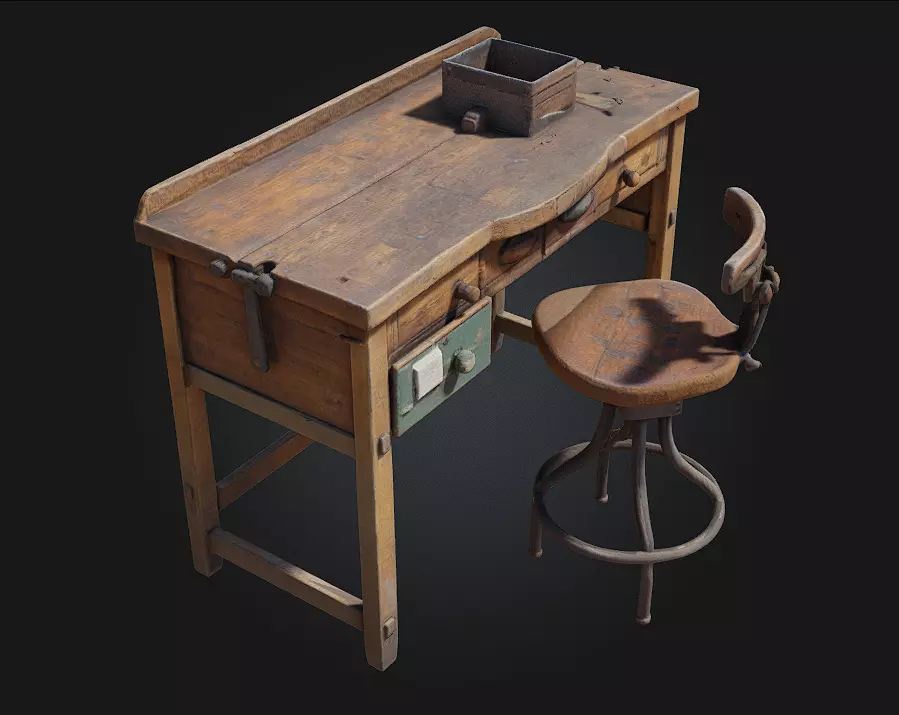 Workbench and Stool  Classic Craftsmanship Corner for Creative 3D model_0