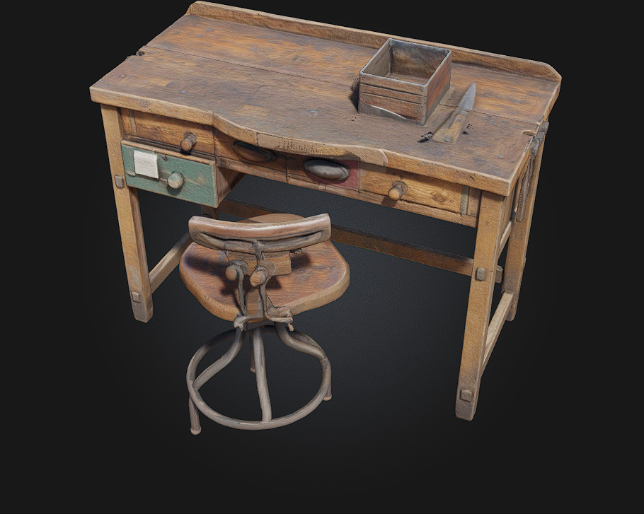 Workbench and Stool  Classic Craftsmanship Corner for Creative 3D model_6