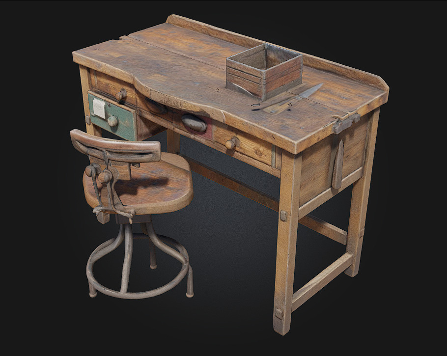 Workbench and Stool  Classic Craftsmanship Corner for Creative 3D model_1