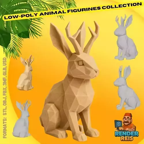 Antlered Rabbit  Low Poly Fantasy Figurine  Unique 
