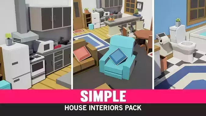 Simple House Interiors - Cartoon assets Low-poly 3D model