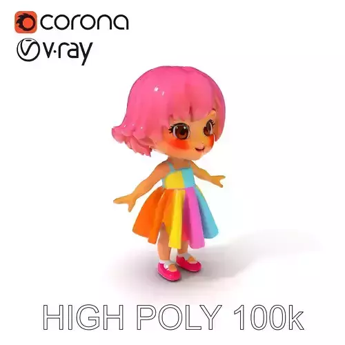Rainbow Dress Chibi Girl D Character with Pink Hair Low-poly 3D model