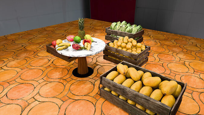 Realistic Fruit Market Scene 8 Crates Table Display Low-poly 3D model 5