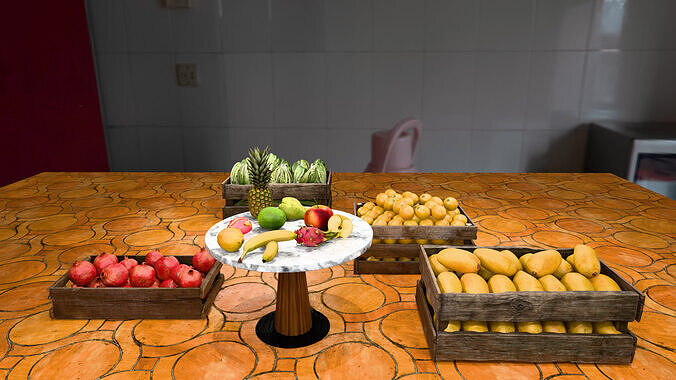 Realistic Fruit Market Scene 8 Crates Table Display Low-poly 3D model 3