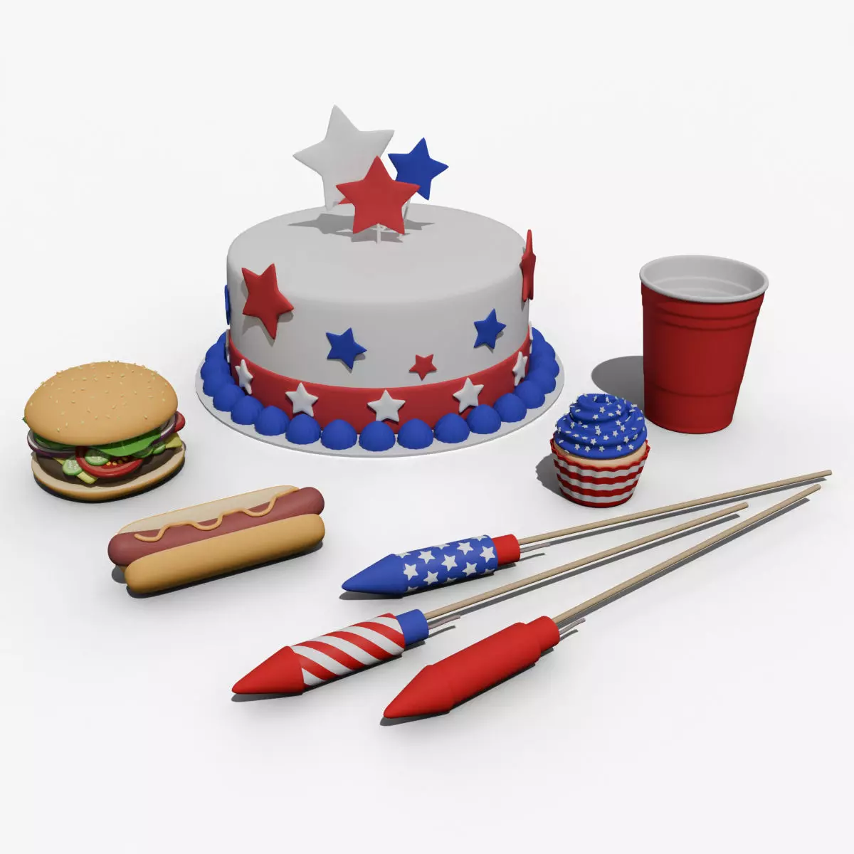 Low-Poly Style Cartoon Fourth of July Pack 3D model_0