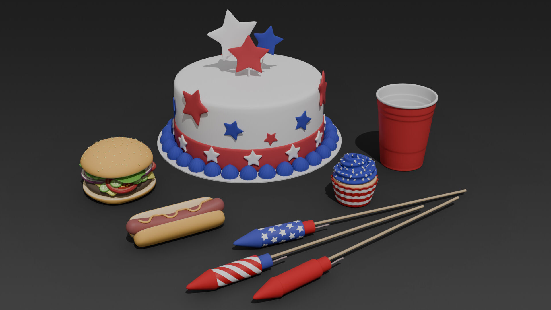Low-Poly Style Cartoon Fourth of July Pack 3D model_1