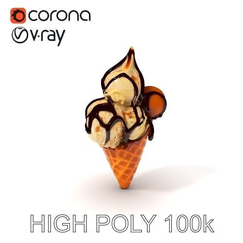 Triple Ice Cream Cone Model Pack with Drizzled Chocolate Low-poly 3D model