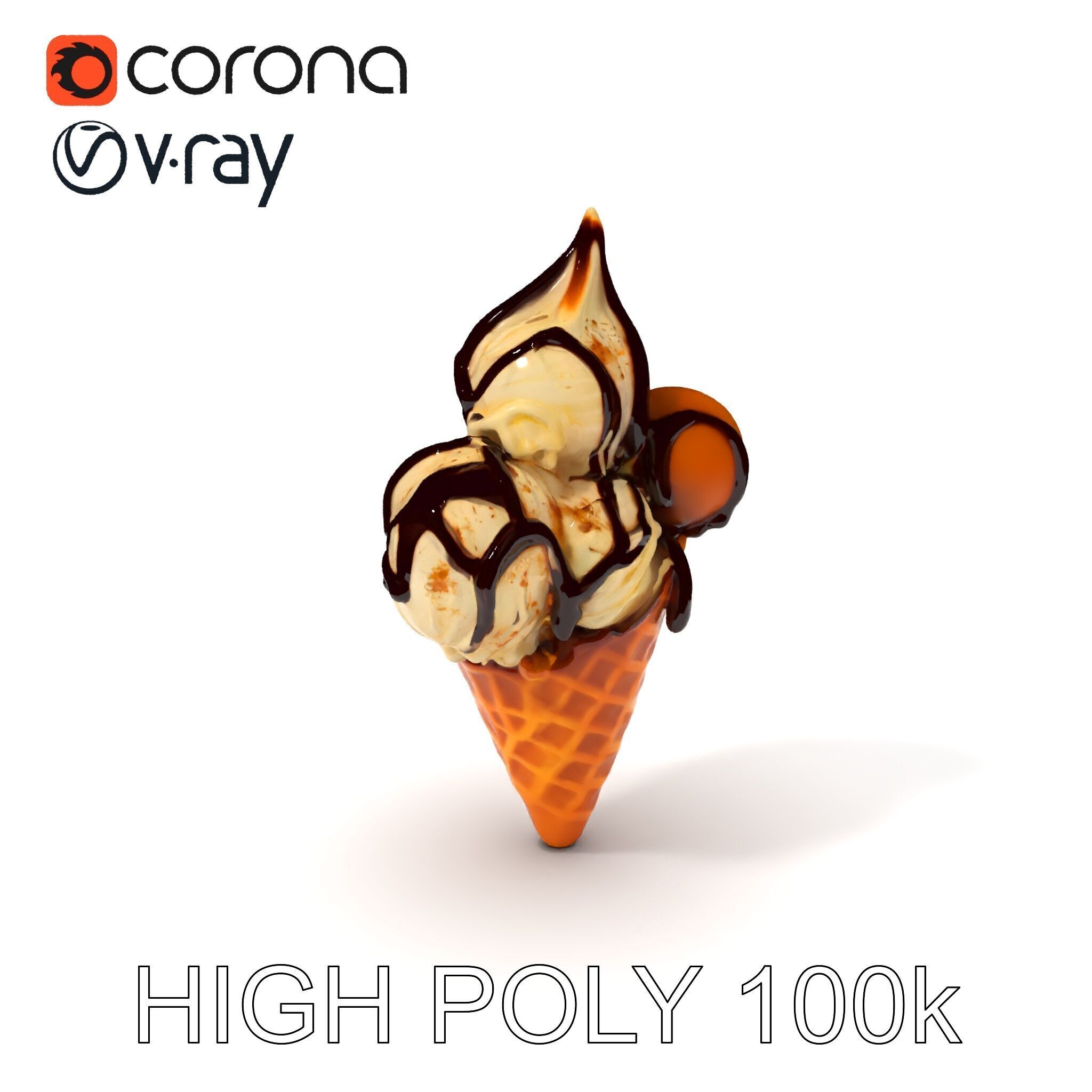 Triple Ice Cream Cone Model Pack with Drizzled Chocolate Low-poly 3D model_3