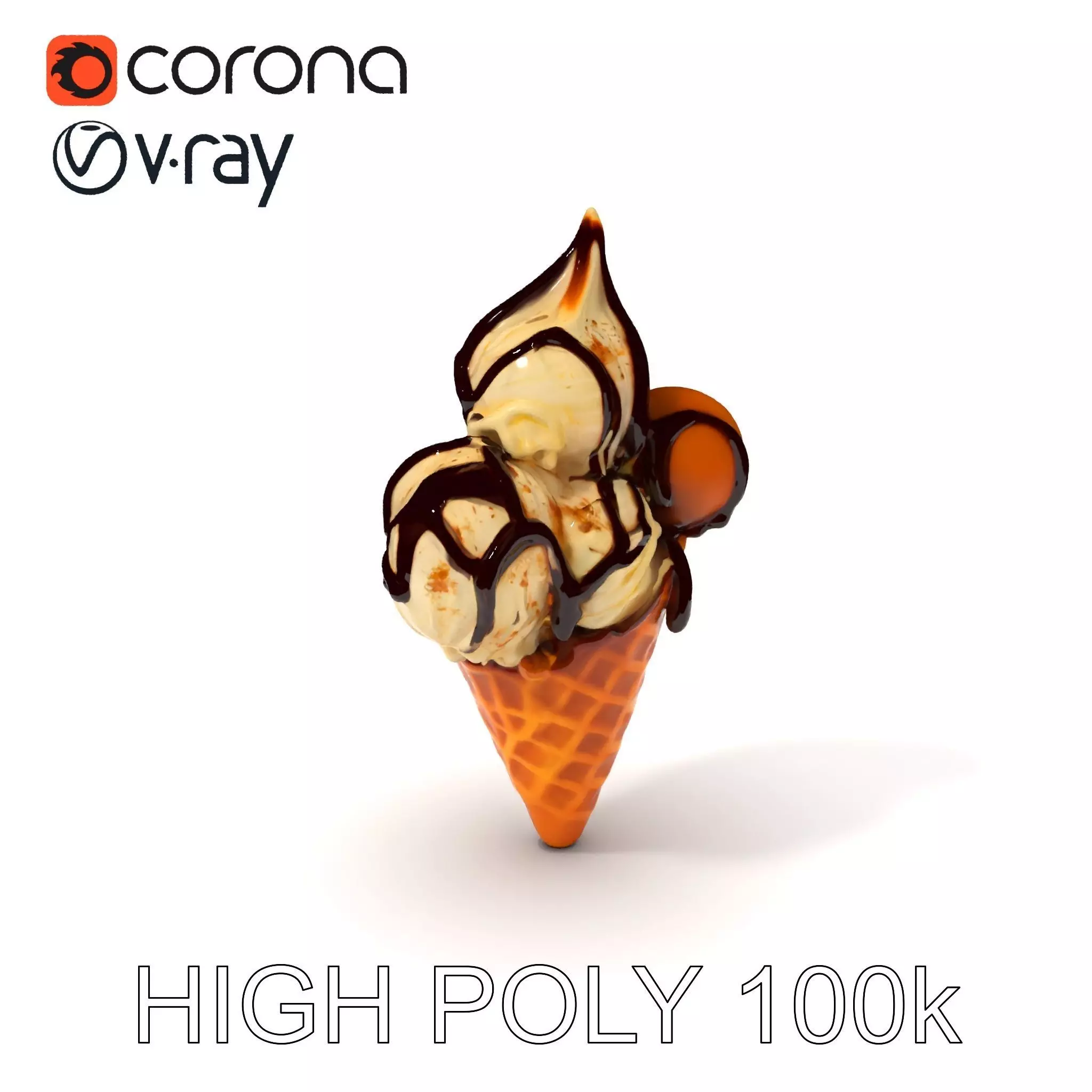 Triple Ice Cream Cone Model Pack with Drizzled Chocolate Low-poly 3D model_0