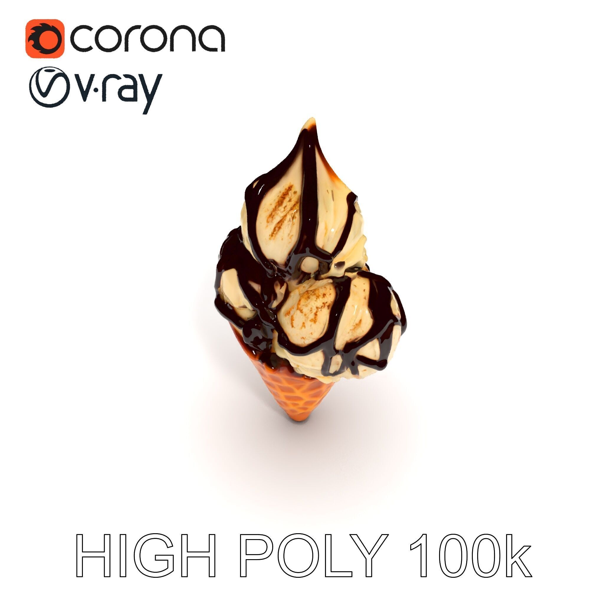 Triple Ice Cream Cone Model Pack with Drizzled Chocolate Low-poly 3D model_28