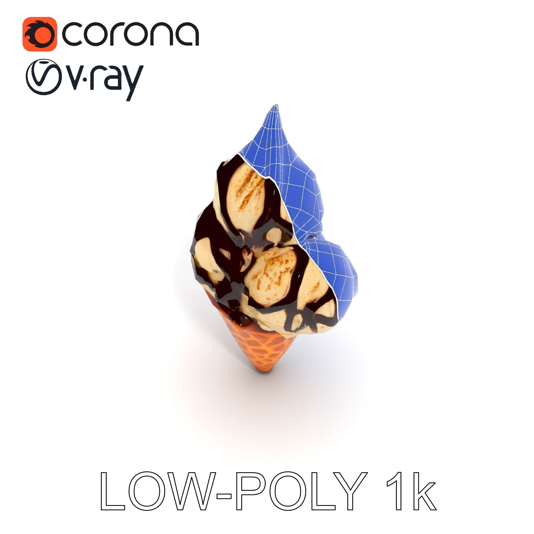 Triple Ice Cream Cone Model Pack with Drizzled Chocolate Low-poly 3D model_27