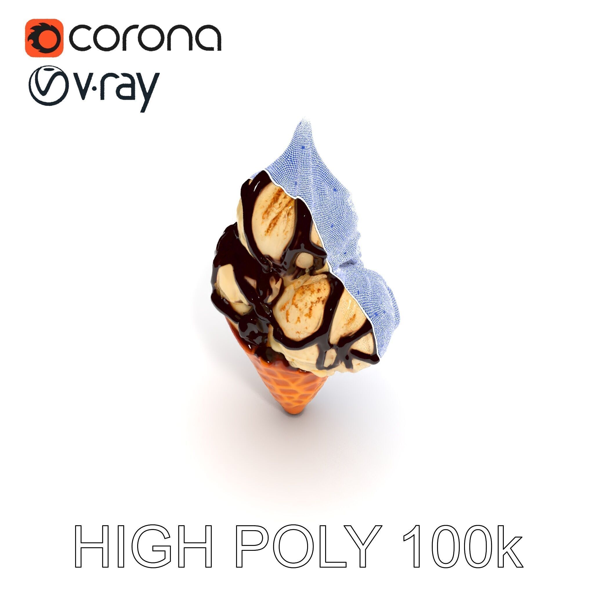 Triple Ice Cream Cone Model Pack with Drizzled Chocolate Low-poly 3D model_23