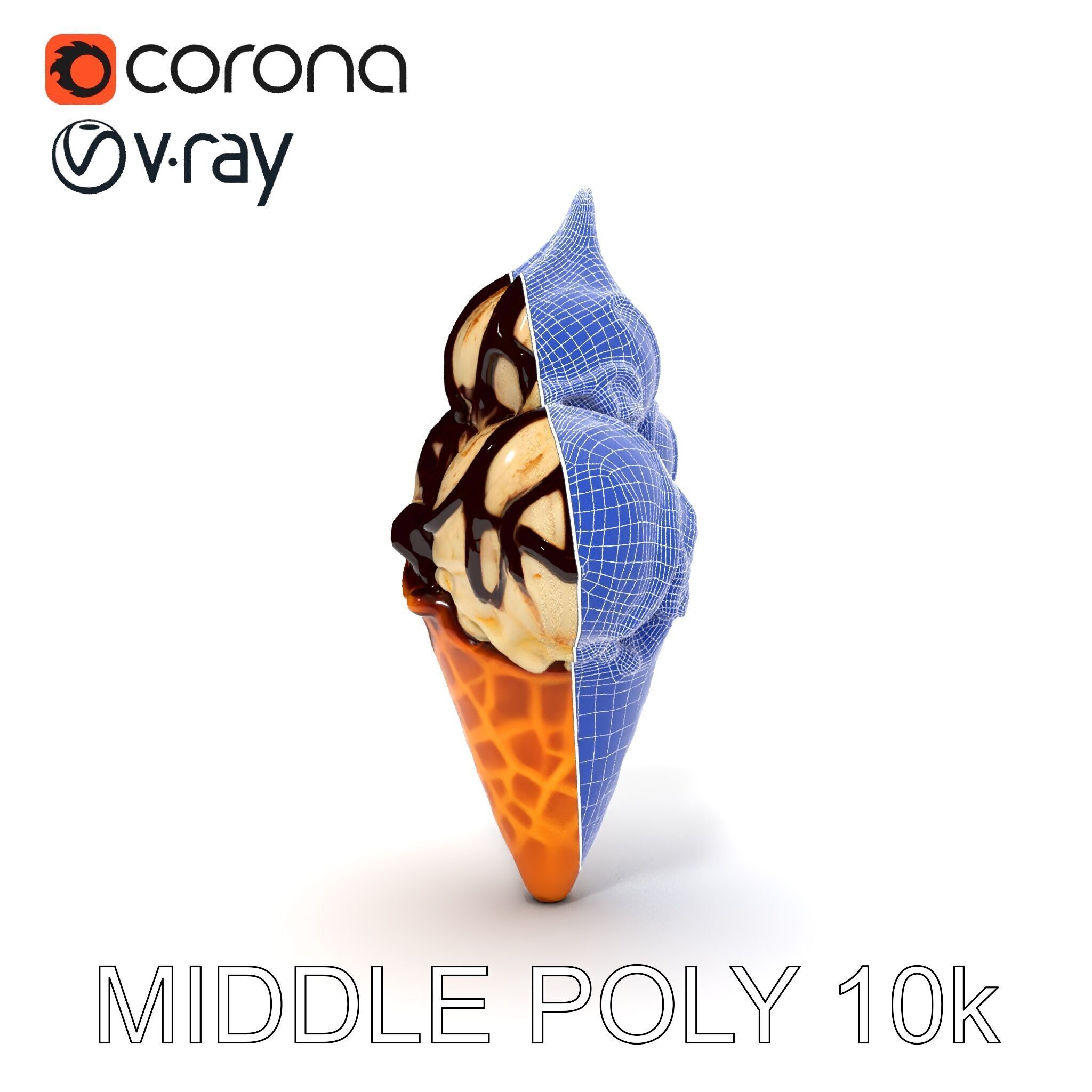 Triple Ice Cream Cone Model Pack with Drizzled Chocolate Low-poly 3D model_18