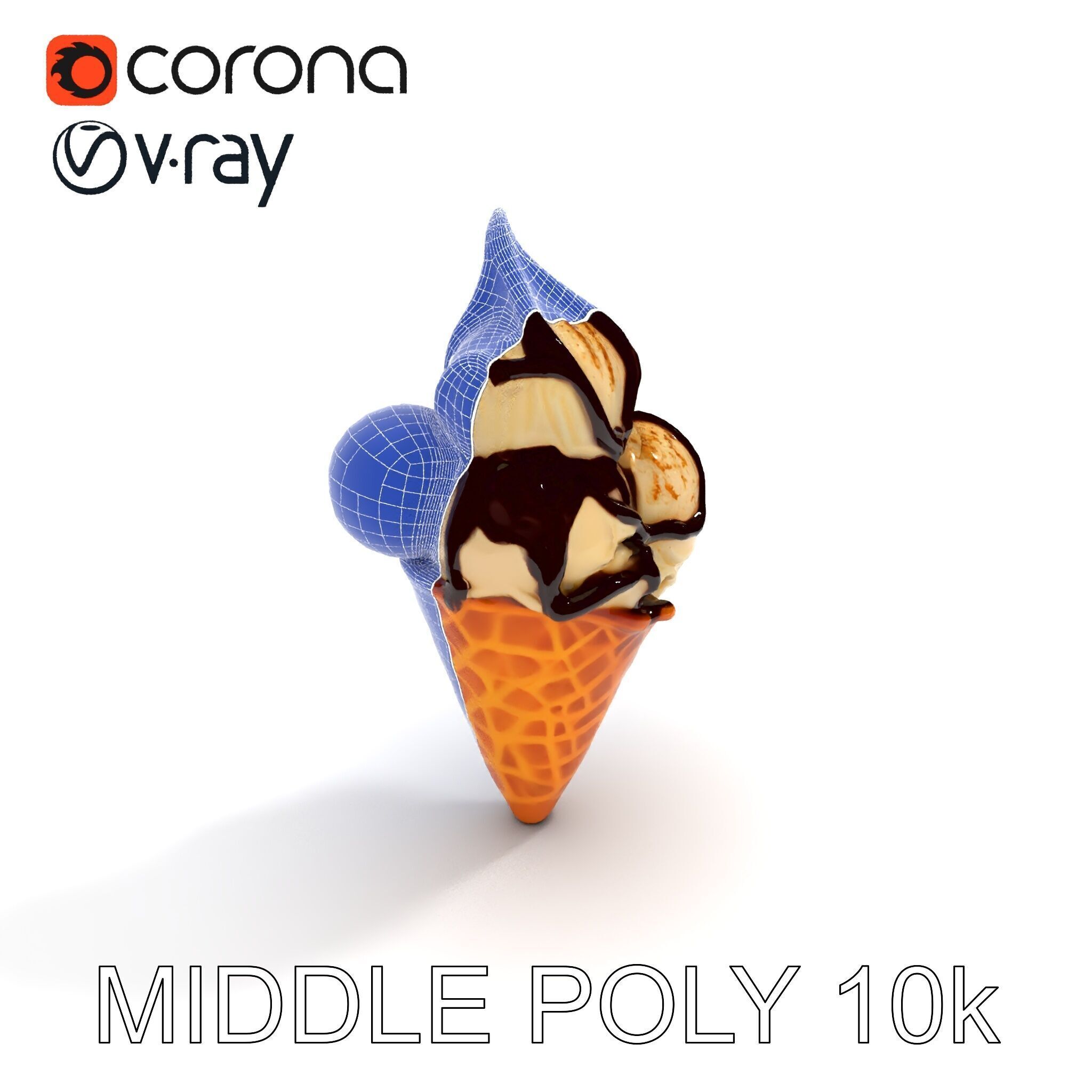 Triple Ice Cream Cone Model Pack with Drizzled Chocolate Low-poly 3D model_24