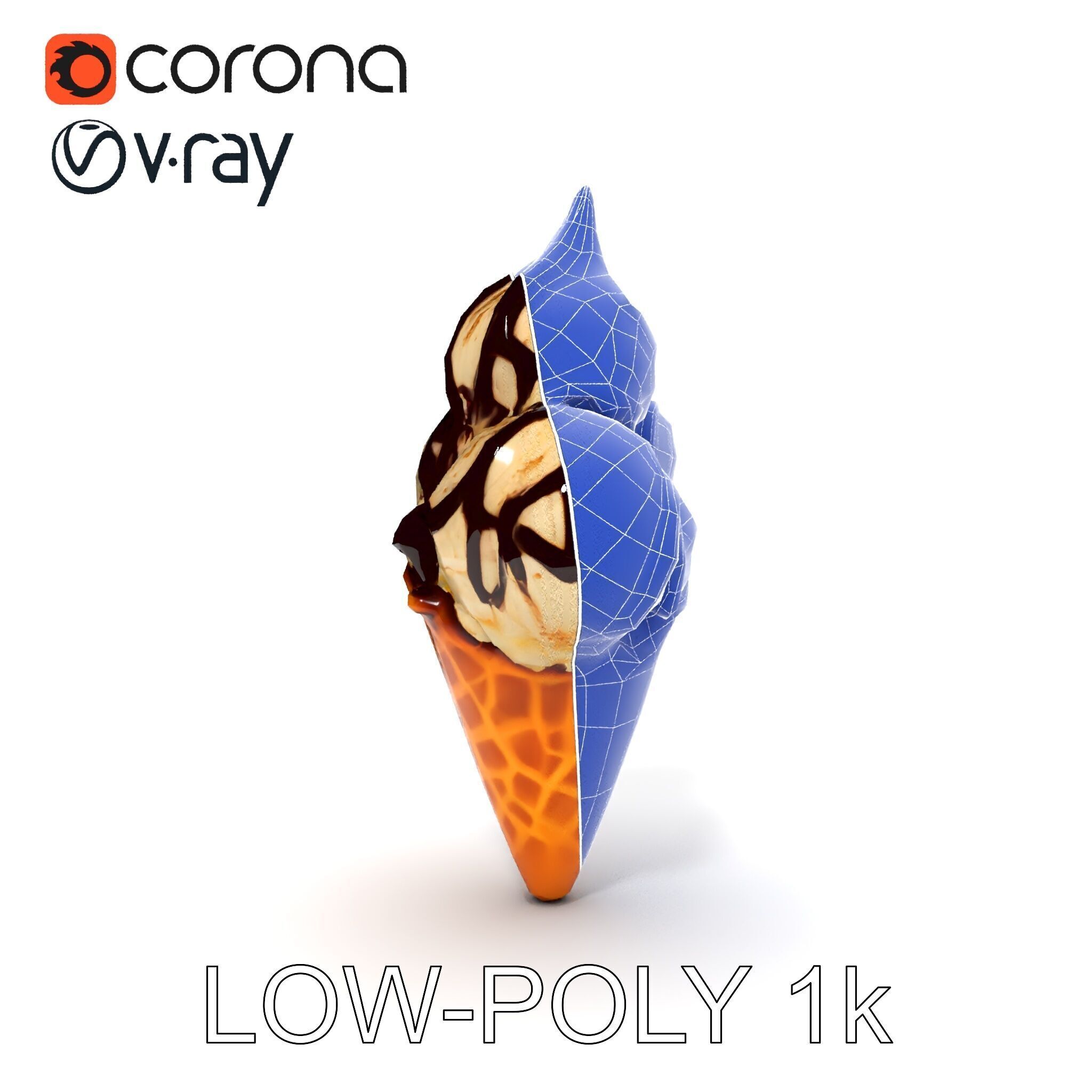 Triple Ice Cream Cone Model Pack with Drizzled Chocolate Low-poly 3D model_16