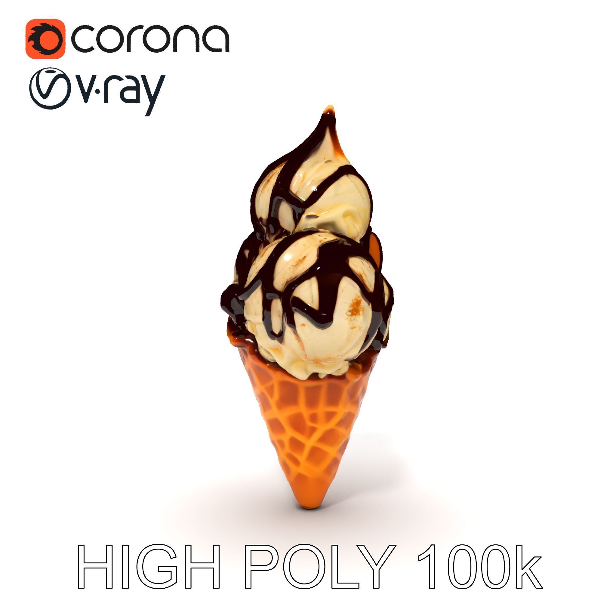 Triple Ice Cream Cone Model Pack with Drizzled Chocolate Low-poly 3D model_35