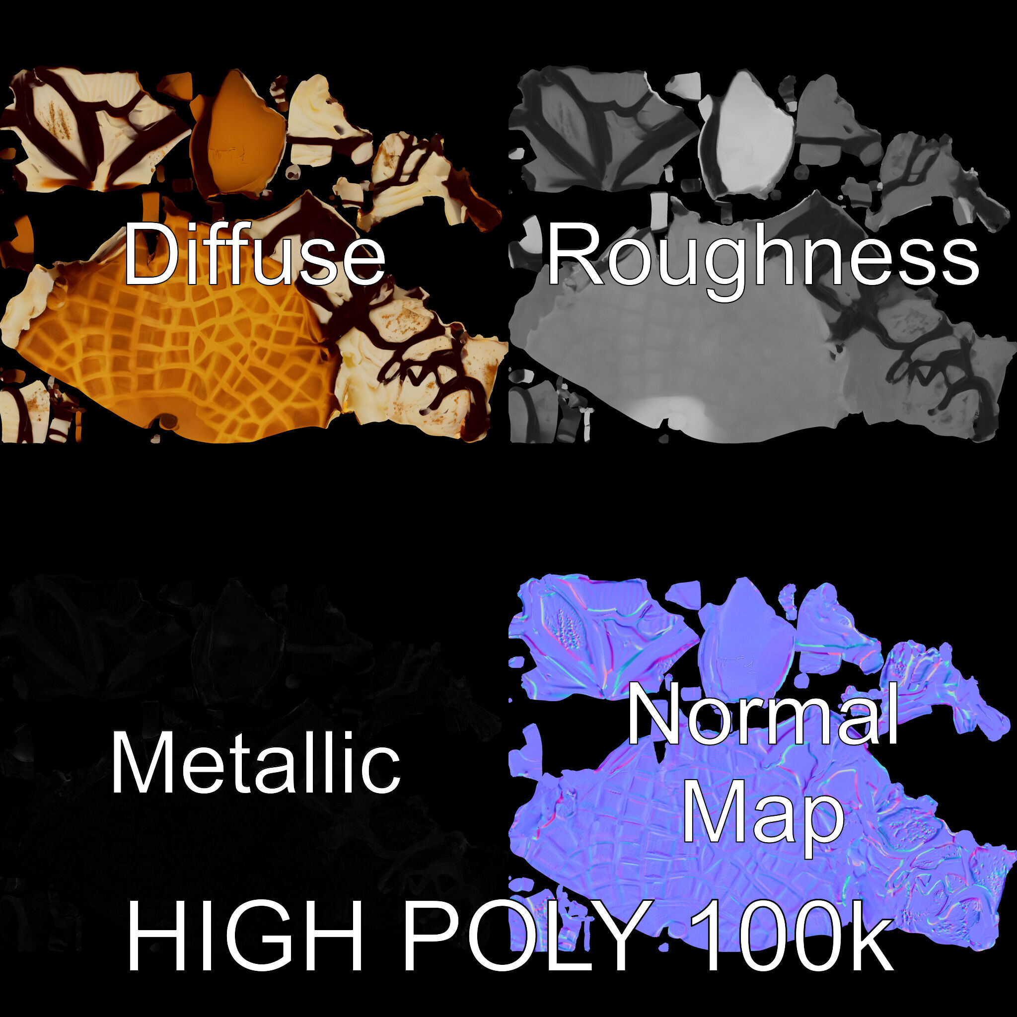 Triple Ice Cream Cone Model Pack with Drizzled Chocolate Low-poly 3D model_2