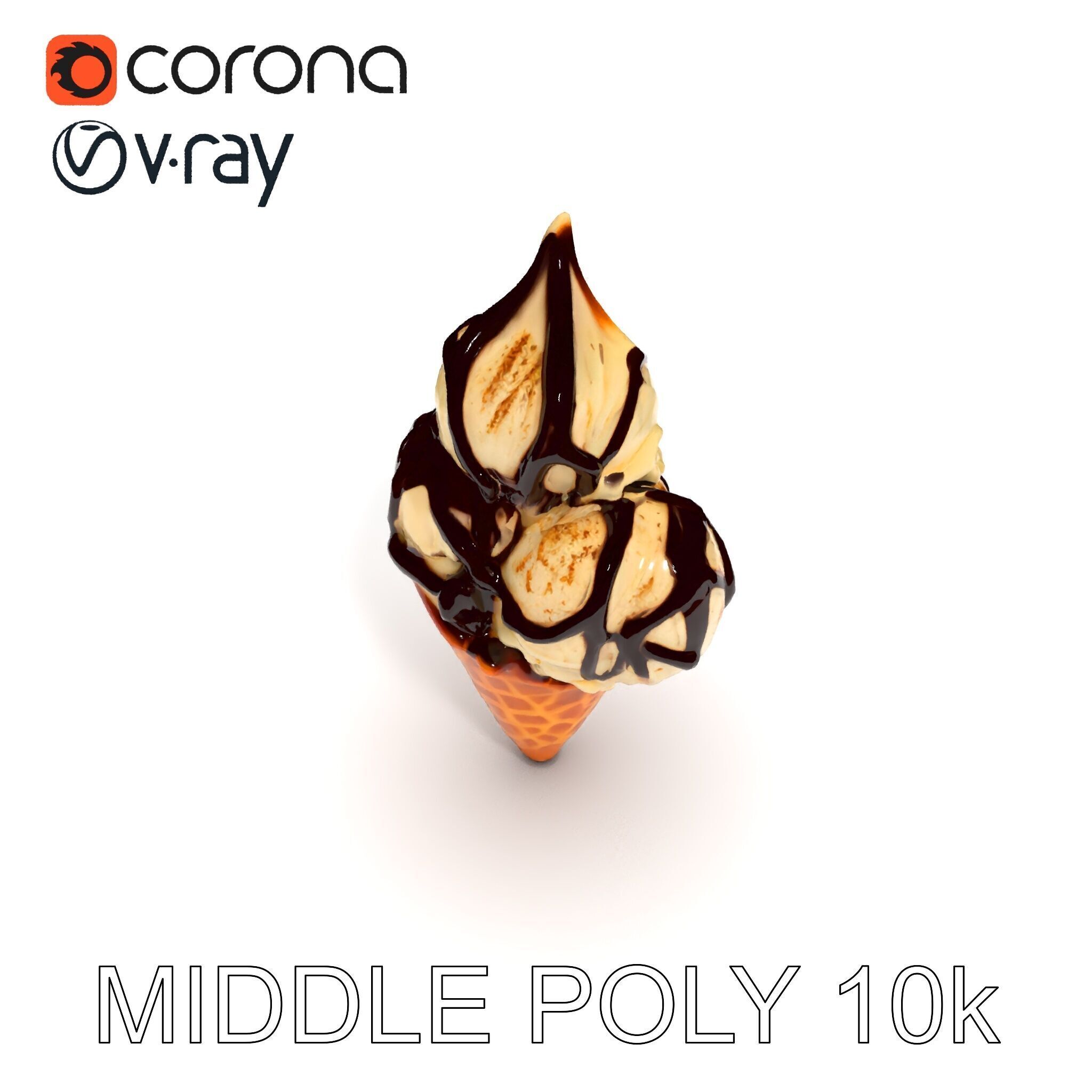 Triple Ice Cream Cone Model Pack with Drizzled Chocolate Low-poly 3D model_26