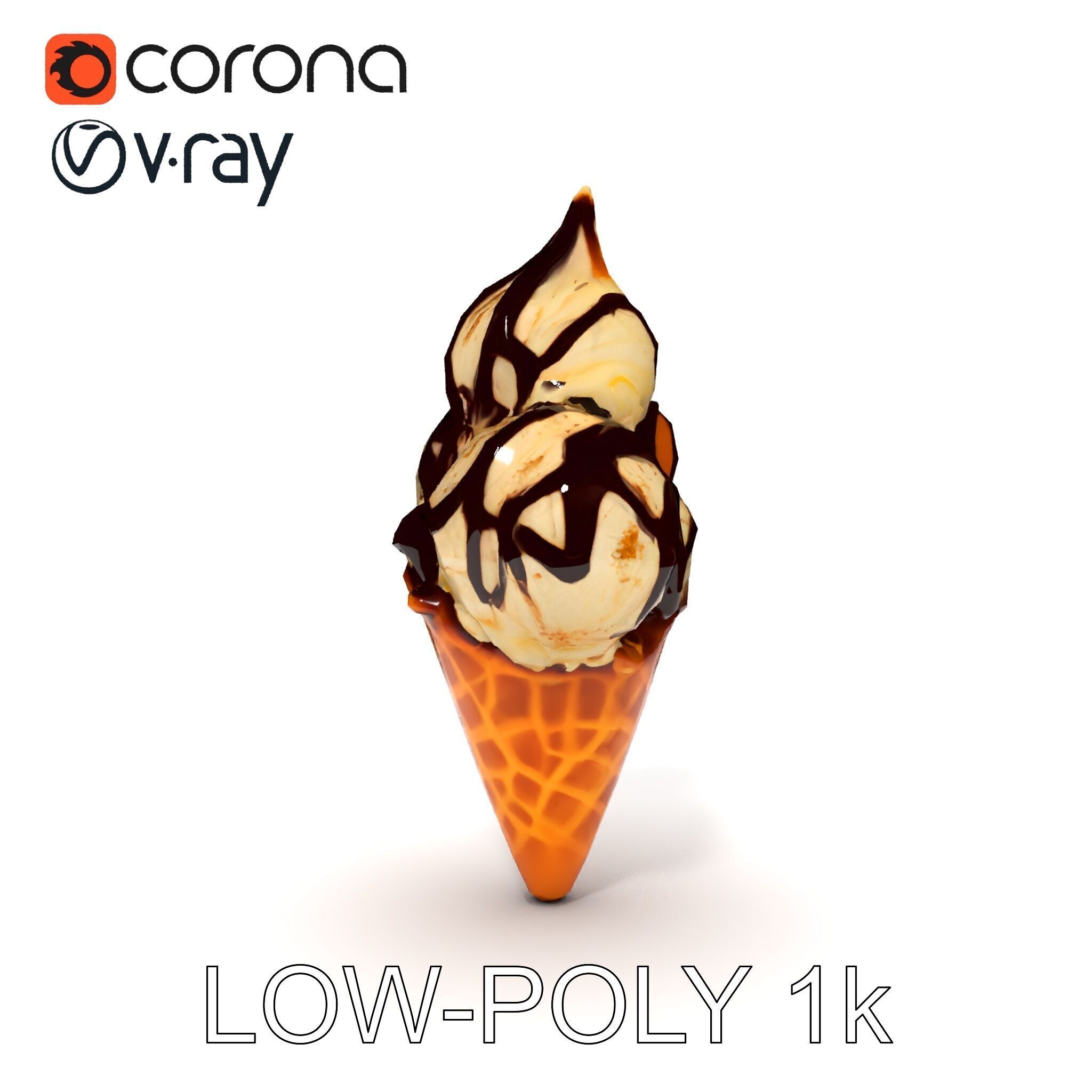 Triple Ice Cream Cone Model Pack with Drizzled Chocolate Low-poly 3D model_10