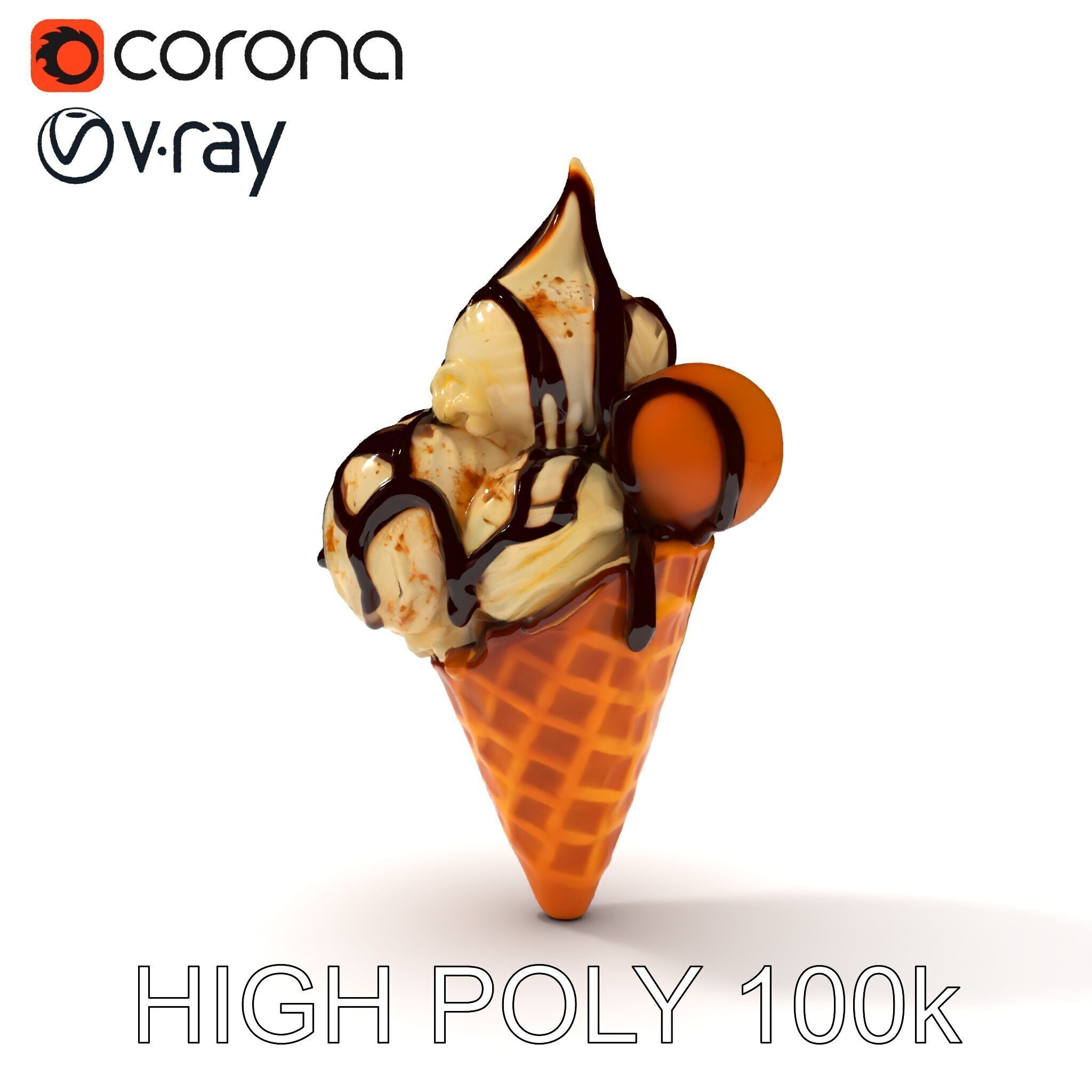 Triple Ice Cream Cone Model Pack with Drizzled Chocolate Low-poly 3D model_8