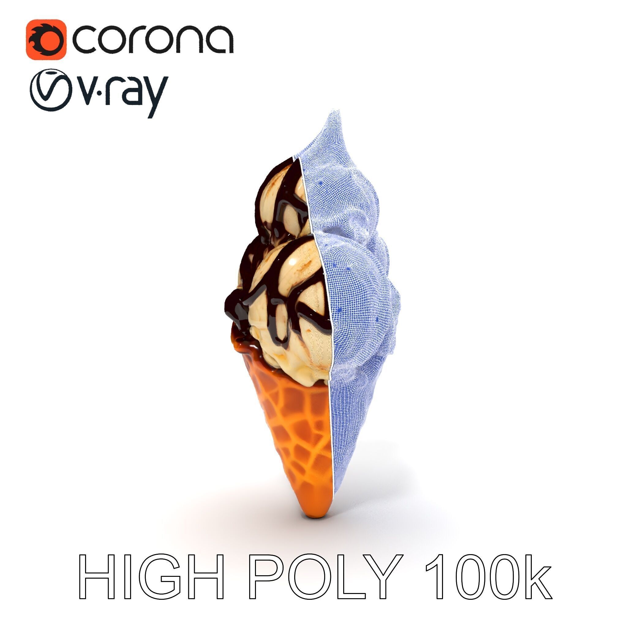 Triple Ice Cream Cone Model Pack with Drizzled Chocolate Low-poly 3D model_34