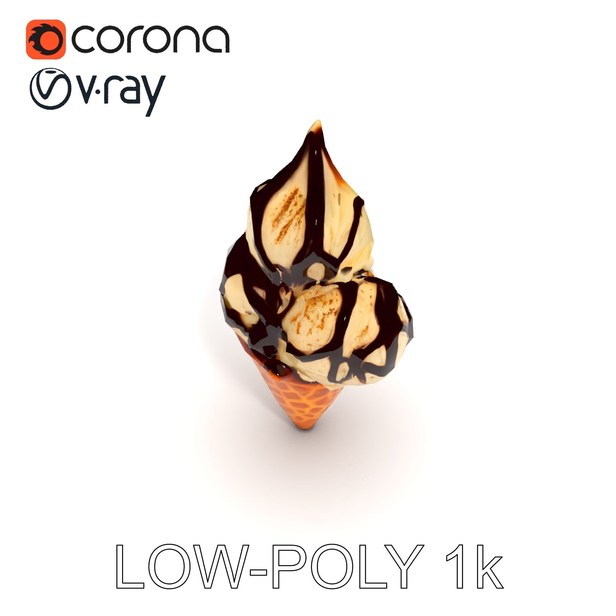 Triple Ice Cream Cone Model Pack with Drizzled Chocolate Low-poly 3D model_25