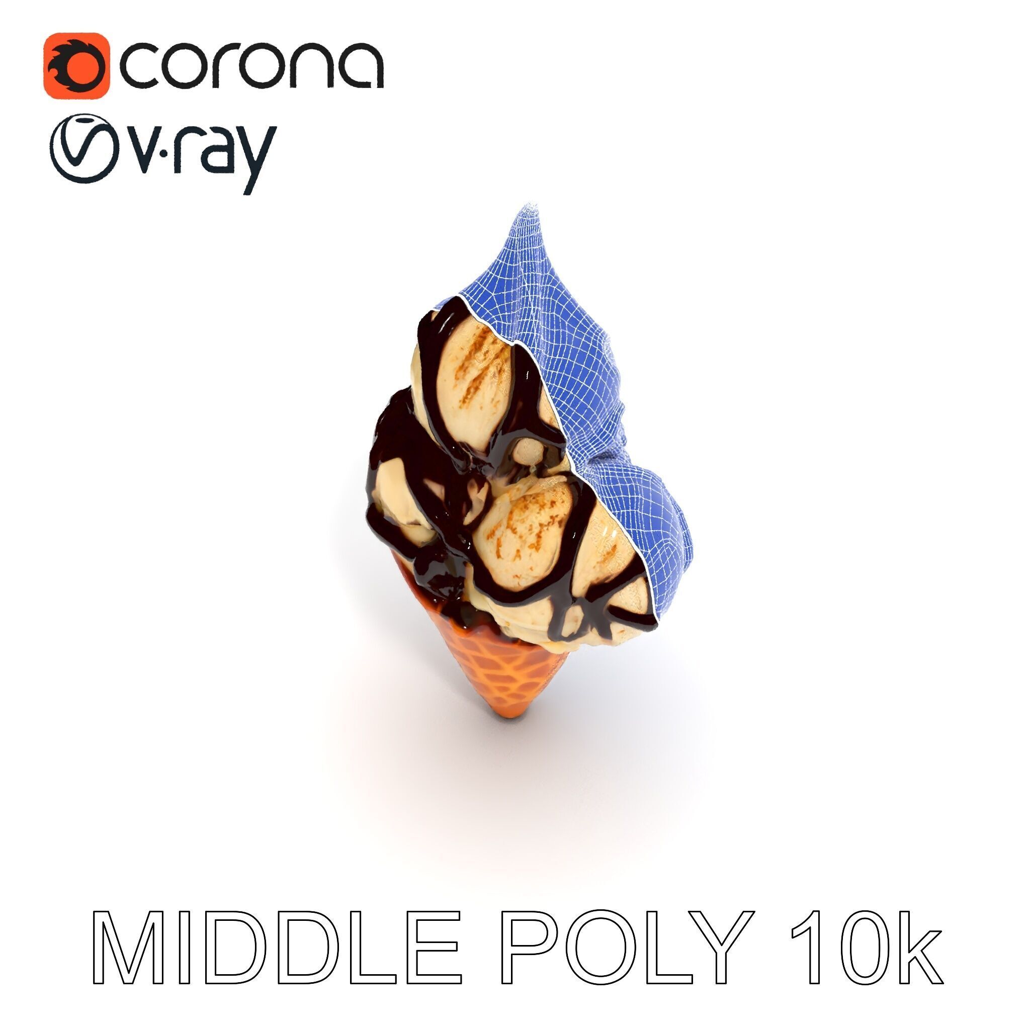 Triple Ice Cream Cone Model Pack with Drizzled Chocolate Low-poly 3D model_15