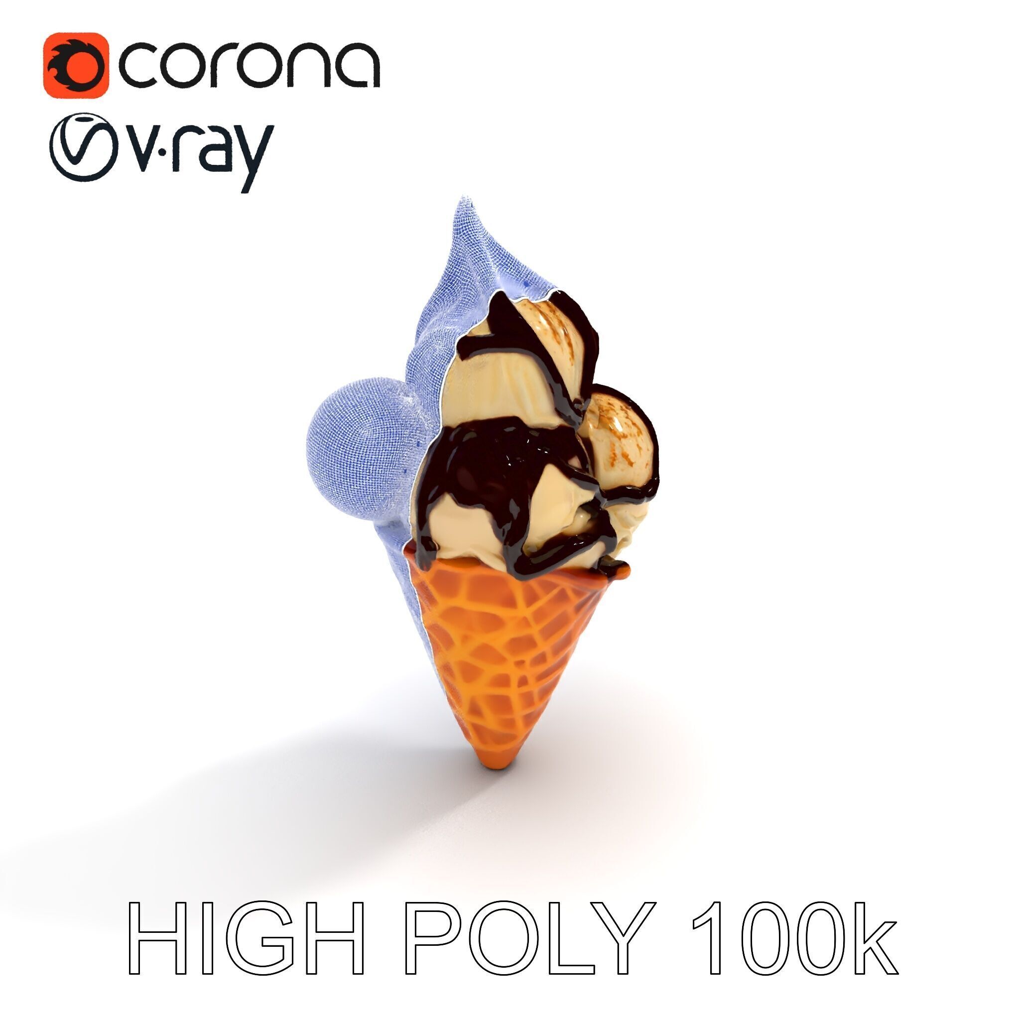 Triple Ice Cream Cone Model Pack with Drizzled Chocolate Low-poly 3D model_17