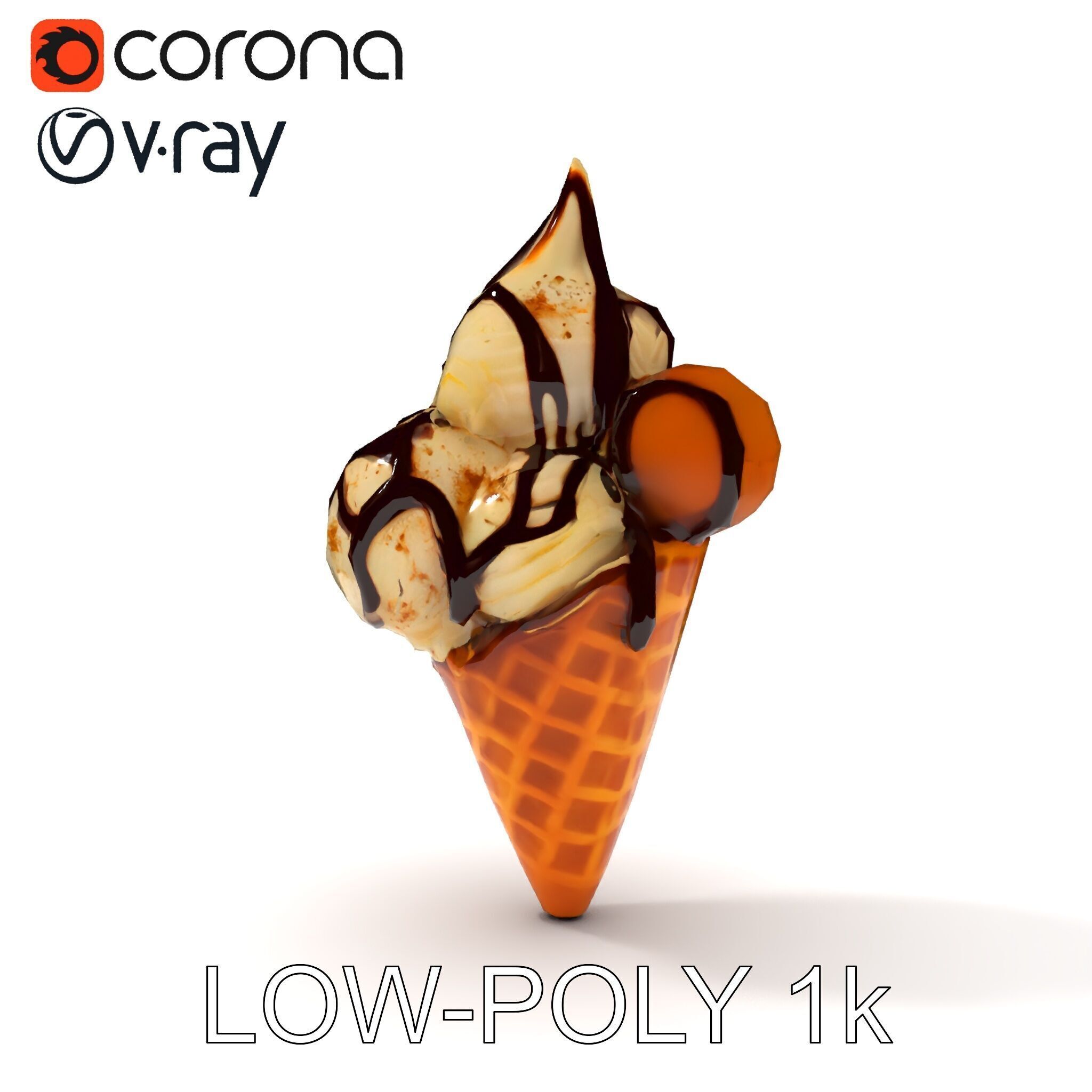 Triple Ice Cream Cone Model Pack with Drizzled Chocolate Low-poly 3D model_7