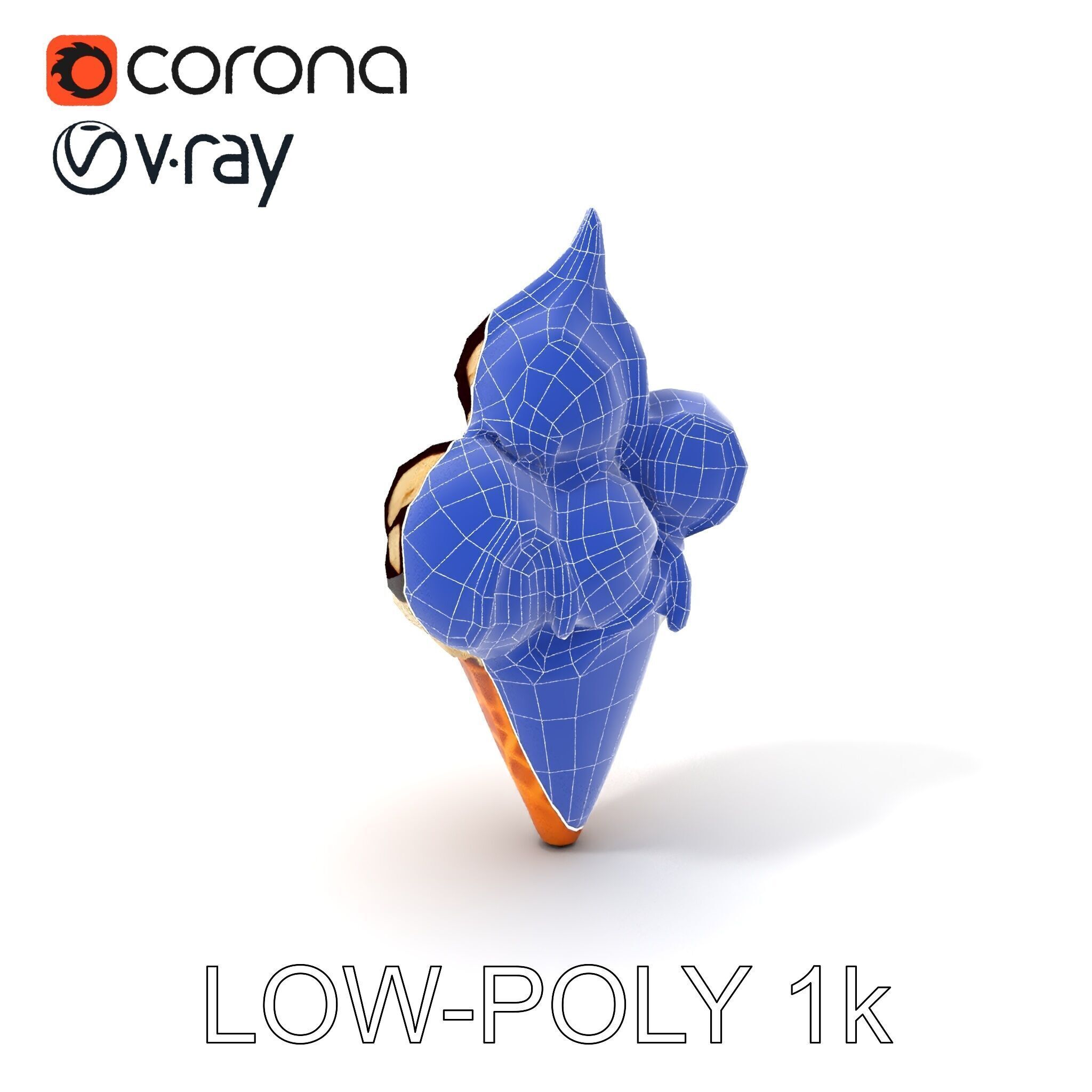 Triple Ice Cream Cone Model Pack with Drizzled Chocolate Low-poly 3D model_30