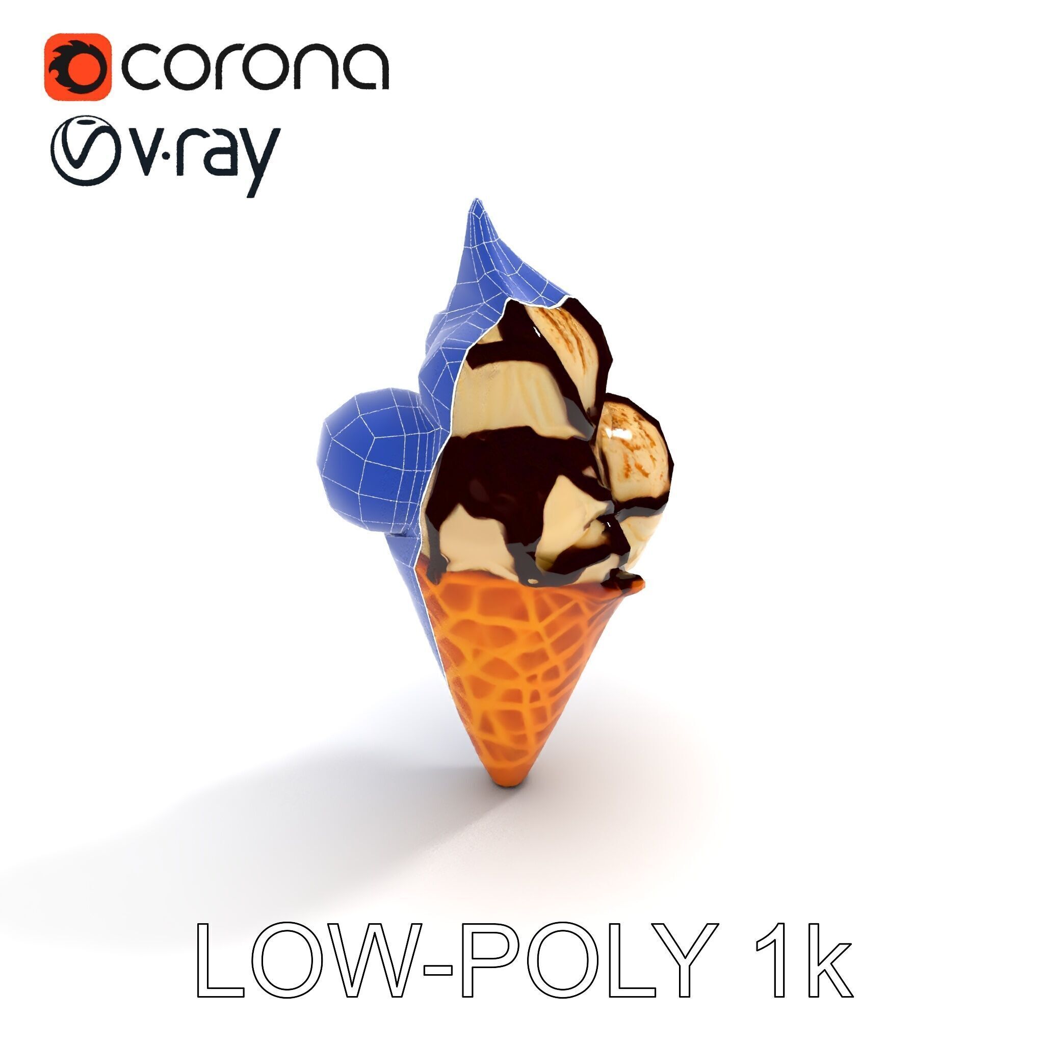 Triple Ice Cream Cone Model Pack with Drizzled Chocolate Low-poly 3D model_12