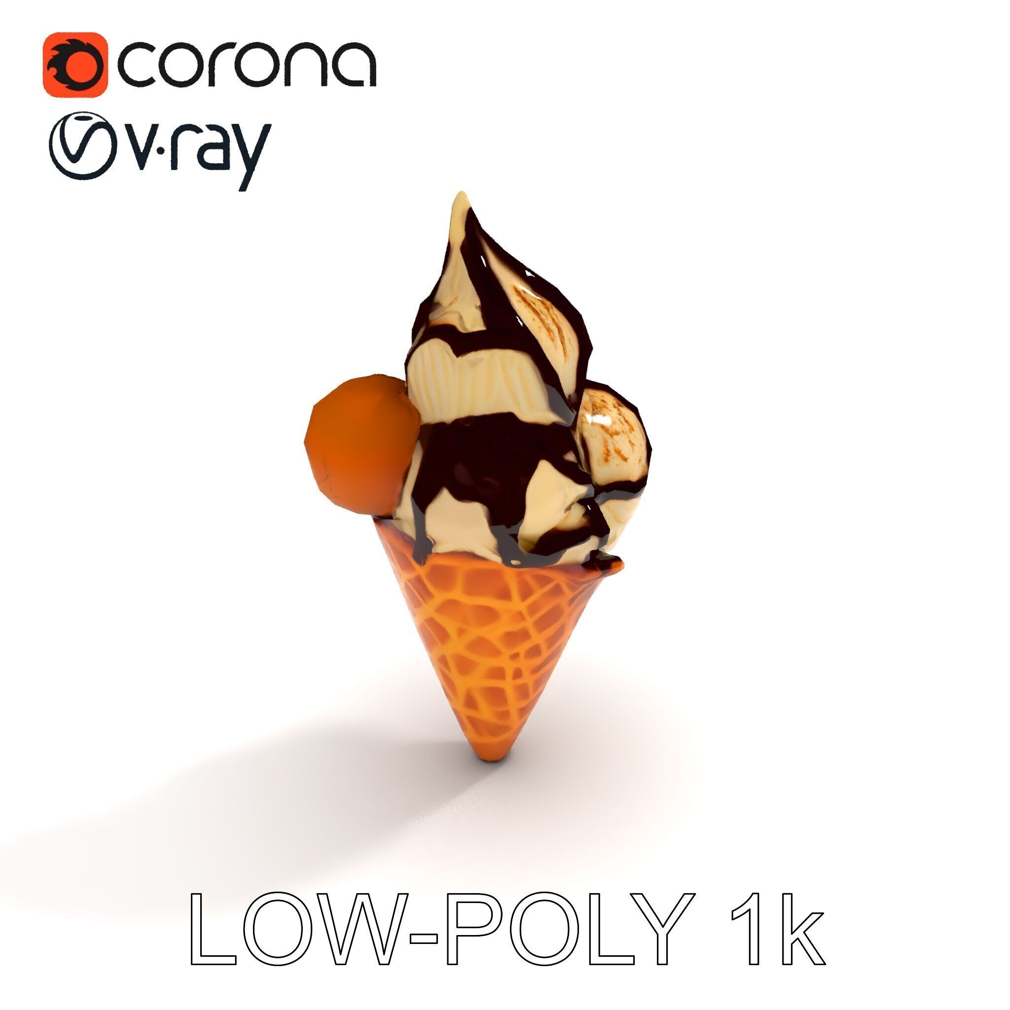 Triple Ice Cream Cone Model Pack with Drizzled Chocolate Low-poly 3D model_14