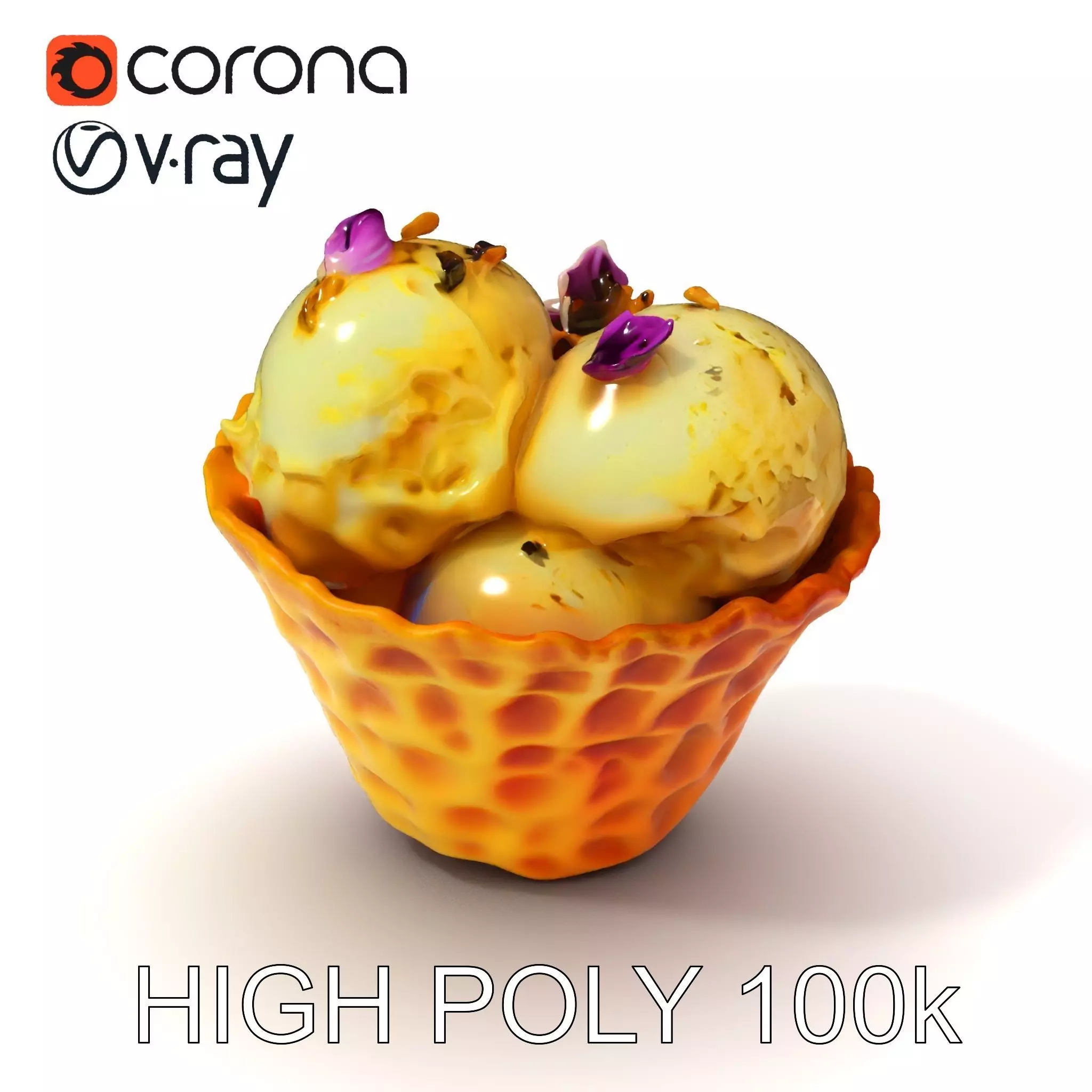 Ice Cream Waffle Cone Model Pack with Edible Flowers Low-poly 3D model_0
